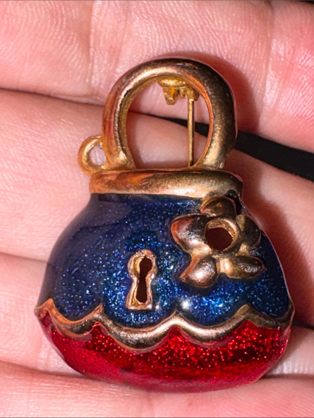 Gold-Tone Red & Navy Enamel Purse Brooch/Pin